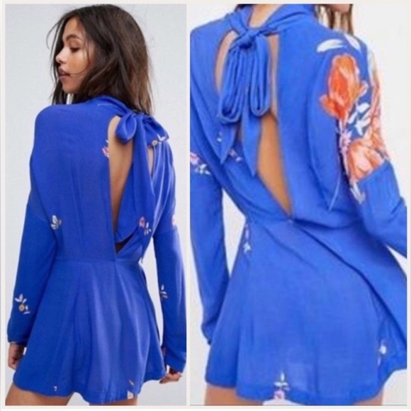 Free People Sz M Jemma Vibrant Blue Floral Open Back Tie Neck Mini Dress - Picture 2 of 14
